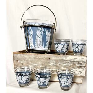 Vintage Hellenic Wedgewood Ice Bucket with Caddy 6 coordinating shot glasses